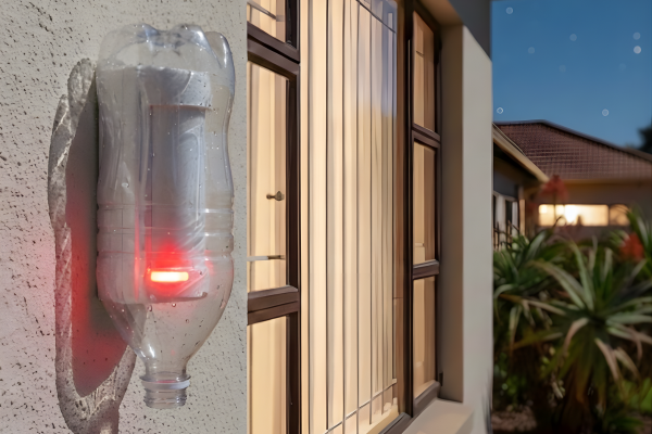 MX-12FRAM mounted to the wall of a residential property being masked by a clear plastic bottle