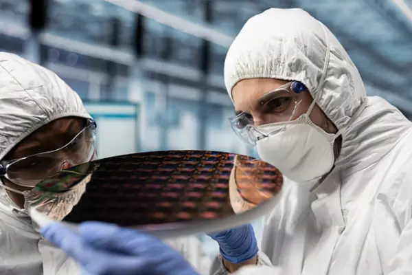 Two people in sterile suits closely inspecting a silicone wafer